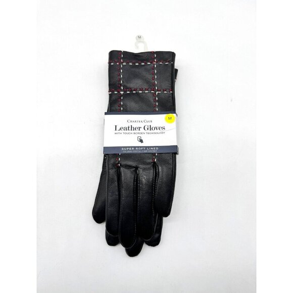 CHARTER CLUB plaid stitched lined touchscreen women's leather gloves -Blk-MEDIUM - Picture 1 of 4